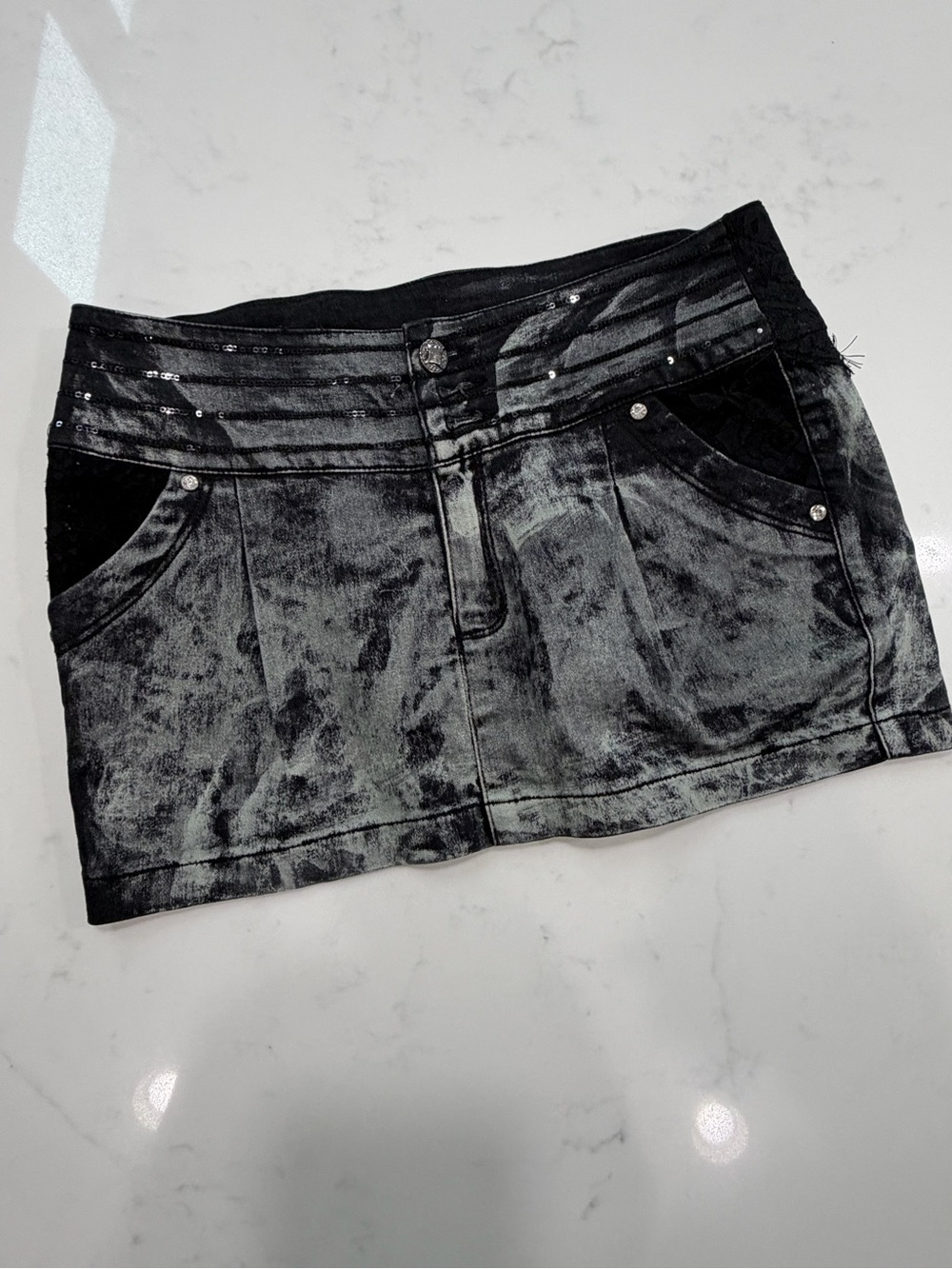 Y2K Goth Acid Wash Lace Mini Skort Black Gray Size 27